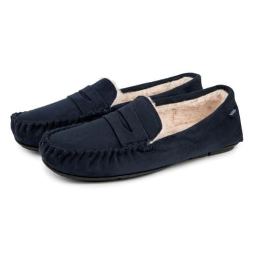 Image of totes® toasties® Mens Suedette Moccasin Slipper with Faux Fur Lining, Classic Moccasin Styling with Memory Foam for Comfort, Warm & Cosy Faux Fur Lining, Machine Washable at 30°, Navy, L