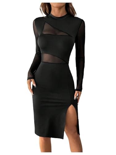 Image of GORGLITTER Women's Sheer Mesh Long Sleeve High Slit Dresses Mock Neck Bodycon Pencil Knee Length Date Night Dress Black Medium
