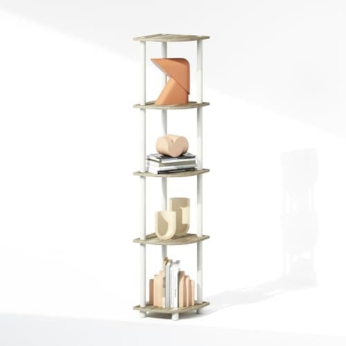 Image of Furinno TURN-N-TUBE Corner Shelf, 5-Tier Corner Display Rack, Shelving Unit, for Organization and Storage, Living Room, Home Office, Garage, Bedroom, Light Oak