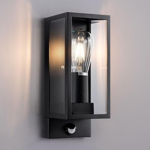 Image of HARPER LIVING Outdoor Wall Light with Adjustable PIR Sensor, Weatherproof IP44, Non-Dimmable, Clear Glass Shades Matt Black Finish, Ideal for Outdoors