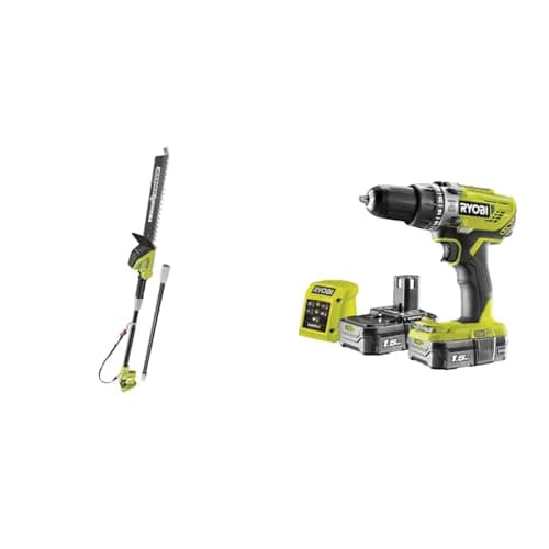 Image of Ryobi ONE+ 18V OPT1845 Cordless Pole Hedge Trimmer, 45cm Blade (Body Only) & R18PD3-215GZ 18 V ONE+ Cordless Combi Drill Starter Kit (2 x 1.5 Ah), Hyper Green