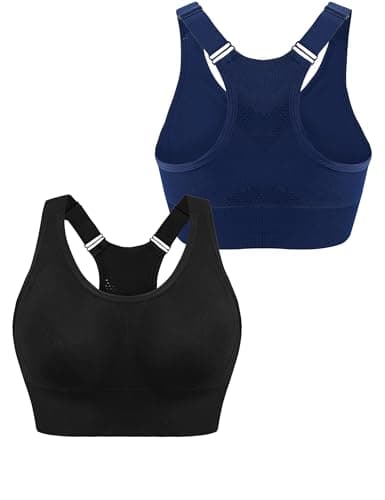 Image of Litherday 2 Pack Women's Sports Bra High Impact Racer Back Wireless Breathable Mesh Support Bra Removable Padded Sports Tops Yoga Gym Training Daily Crop Tops Black+Dark Blue L