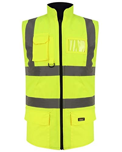 Image of Dolce Fashions® High Visibility Bodywarmer Fleece Lined Reversible Gilet Jacket Adults Hi Vis Waterproof Workwear Security Safety Wear Warm Sleeveless Waistcoat Body Warmer Vest Top (Yellow, M)