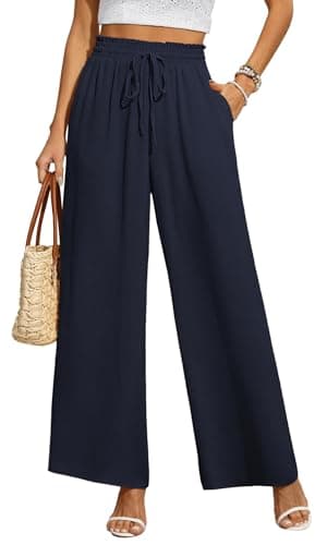 Image of BEIGAI Women Trousers Elasticated High Waist Wide Leg Pants with Pockets Ladies Elegant Loose Lounge Palazzo Pants for Work/Walking/Yoga,Navy Blue,L