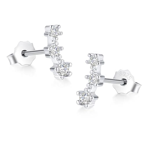 Image of Loutade Silver Stud Earrings for Women, 925 Sterling Silver Climber Stud Earrings with 3 Clear Cubic Zirconia CZ Stone, Hypoallergenic Small Dainty Cute Cartilage Sleeper Ear Studs Jewelry Gifts