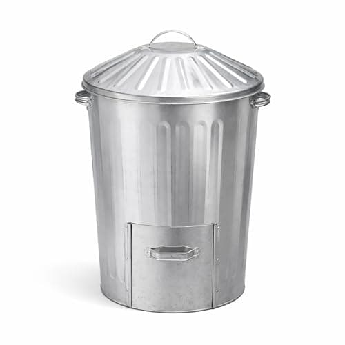 Image of simpa 90L Galvanised Metal Garden Dustbin with Lid & Slide Door Hatch – Feed Storage or Composter Bin – 78.5cm x 45cm (1)
