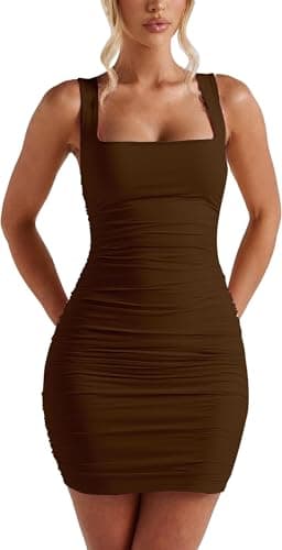 Image of ELFIN Women's Sexy Bodycon Mini Dress Square Neck Sleeveless Slim-Fit Ruched Elegant Short Club Party Dresses Coffee