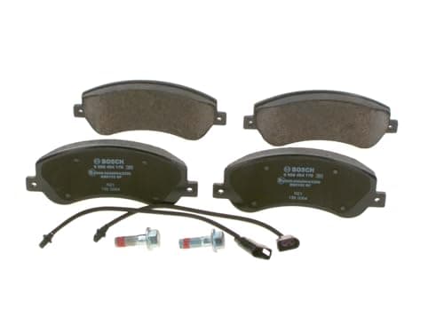 Image of Bosch BP1081 - Brake Pads Car Front Axle - Bosch Quality - Reduced Noise and Dust - ECE-R90 Certified - Copper-Free - 1 Set of 4 Pads - With Accessories