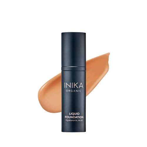 Image of INIKA Organic Full Coverage Liquid Foundation Makeup with Hyaluronic Acid and Argan Oil, Vegan and Organic Foundation for Skin Elasticity and Plumpness, Natural Coverage, Honey, 30ml