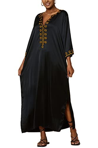 Image of L-Peach Women Embroidery Kaftan Loungewear Boho Homewear Oversized Maxi Beach Dress Cover Ups Robes Black Golden 3