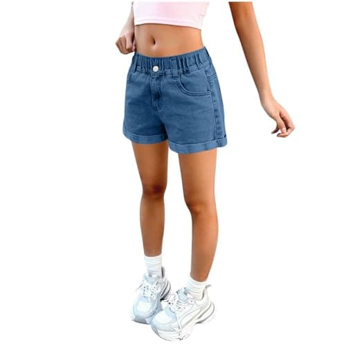 Image of Kids Girls Denim Shorts Casual Summer Lightweight Jeans Shorts with Pockets Elastic Waist Soft Breathable Toddler Youth School Holiday Outdoor Play Everyday Wear Cute Regular Fit 14-15 Years Blue