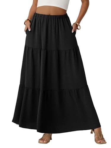 Image of QIXING Womens Boho Maxi Skirts Flowy Elastic High Waisted A-Line Casual Long Skirts with Pockets Beach Holiday Long Skirts(Black, L)