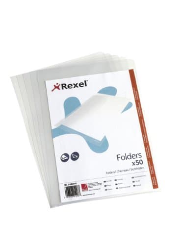 Image of Rexel Nyrex Heavy Duty A4 Document Folder, Glass Clear, Heavy Duty 160mic, Cut Flush, L-Folder, Pack of 50, 21685090