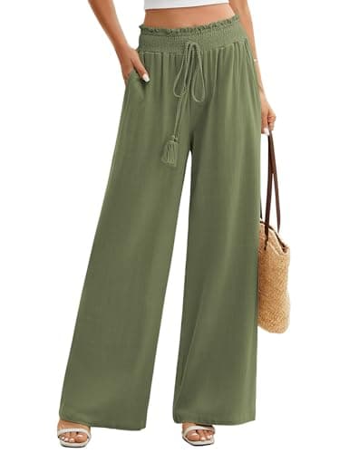 Image of PASUDA Womens Cotton Linen Trousers Summer Ladies Elegant Flowy Wide Leg Pants Casual Baggy Elastic High Waist Trousers with Pockets Loose Lounge Pants (Olive Green, XL)