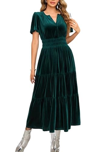 Image of R.Vivimos Autumn Winter Women's Velvet Maxi Dress Short Sleeve V Neck Tiered Ruffle A Line Vintage Dress(Small,DarkGreen)