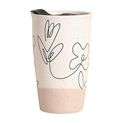 Image of ANTIS'S HOME Ceramic Coffee Mug with Lid, Beige Double Wall Coffee Travel Mug with Art Floral Design, Reusable Tumbler Tea Cup, Splash Resistant Lid, Dishwasher Microwaveable Safe