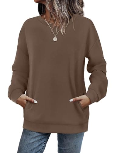 Image of WIHOLL Sweatshirts for Women Jumpers Ladies Oversized Tops Crewneck Long Sleeve Tops with Pocket Coffee Size 22-24