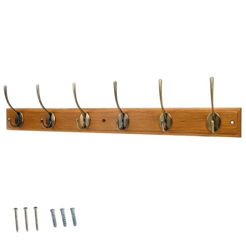 Image of Keypak 6 Hook Oak Effect Wall Mounted Coat Rack with Victorian Antique Brass Hooks - Heavy Duty Wooden Board for Coats, Hats, Bags, Tools Space Saving Wall Storage Organiser, Fixings Included