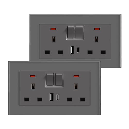 Image of BSEED Double Socket 13A with 2 USB A and USB C 18W, Double Switched Socket 2 Gang UK Standard, Switched Outlet with Glass Panel, Electric Power Outlet Grey, 2 Pack