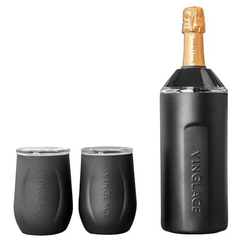Image of Vinglacé Wine Bottle Chiller Gift Set- Portable Stainless Steel Wine Cooler with 2 Stemless Wine Glasses, Black, VBLK2WGVG