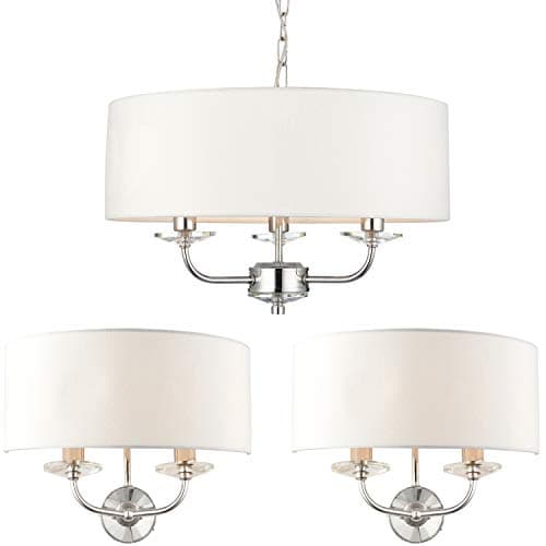 Image of 3 Bulb/Arm Ceiling Pendant & 2X Twin Wall Light Pack | Modern Bright Nickel & Vintage White Fabric Shade Set | Matching Indoor Lamp Fittings | Lounge Bedroom Hang Lighting Kit | LED & Dimmable