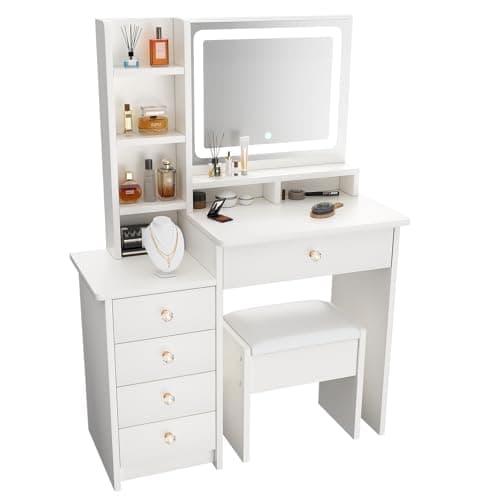Image of ZenkiHome Dressing Table, White Vanity Desk with Large Mirror and Adjustable Lights, 90cm Dressing Table with Stool for Girls and Adults