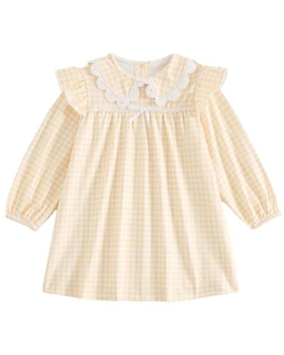 Image of FishingDino Baby Girls' Dresses Spring Outfits 6M-3T, Long Sleeve Collar Baby Dress for Spring Summer, Cute Toddler Girls Dress Baby Party Outfits, Yellow Plaid 18-24 Months