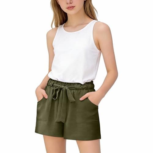Image of Teen Girls Summer Casual Shorts with Pocket Bowknot Tie Waist Baggy Shorts Cotton Linen Casual Beach Hot Pants Comfort Breathable Plain Short Trousers Soft Wide Leg Tracksuit (Green, 10-11 Years)