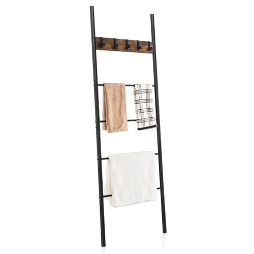 Image of COSTWAY Blanket Ladder, 5-Tier Industrial Towel Ladder Shelf with 5 Hooks, Metal Frame Wall Leaning Blanket Towel Rack Decorative Storage Shelving Unit for Bathroom Living Room, Rustic Brown+Black