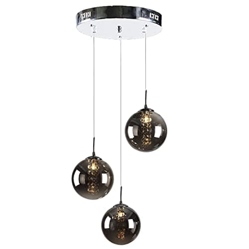 Image of Euone_Clothes Industrial 3-Lights Globe Glass Pendant Light Cluster with Crystal Tassels Chrome Finish Glass Ball LED G4 3 Way Ceiling Hanging Lamp Villa Stairs Landing Lighting - Grey
