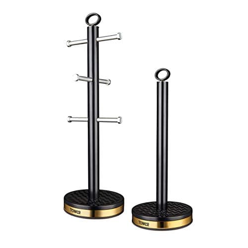 Image of Tower T826092BLK Empire Mug Tree and Towel Pole Set, Stainless Steel, Anti-Slip, Black and Brass