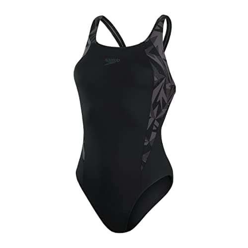 Image of Speedo Women's HyperBoom Splice Muscleback Swimsuit | Classic Design | Quick Drying | Training | Fitness | Chlorine Resistant, Black/Oxid Grey/USA Charcoal, 28