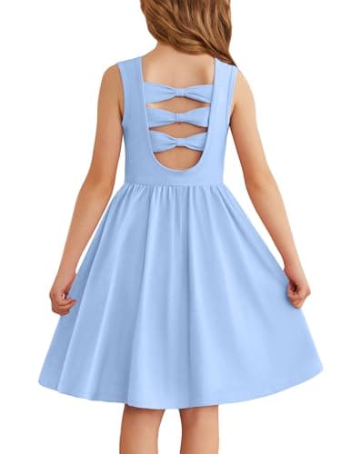 Image of Arshiner Girls Dresses Sleeveless Kids Back Bow Tie Summer Cotton Dress Elegant Casual Dress Festive Round Neck Dress for Girls 7-8 Years Blue