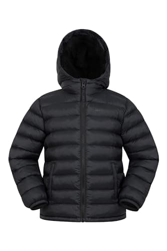 Image of Mountain Warehouse Seasons Fur-Lined Kids Padded Jacket - Lightweight, Warm & Water-resistant Puffer Coat, Boys & Girls - For Autumn Winter, School & Outdoors Black Kids Size 3-4 Years