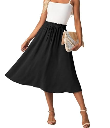 Image of GRECERELLE Womens Summer Midi Skirts Boho Flowy Casual High Waisted Palazzo A-Line Skirt with Pockets & Adjustable Tie Belt (Black, L)