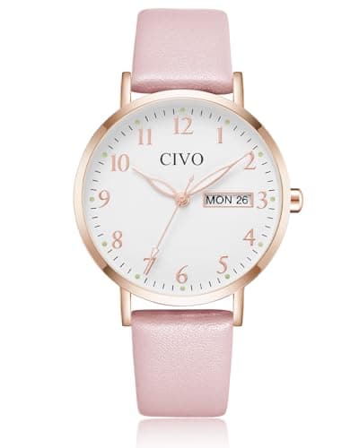 Image of CIVO Ladies Watches Leather Strap: Pink Watches for Women Minimalist Design - Elegant Analogue Quartz Wrist Watch with Date