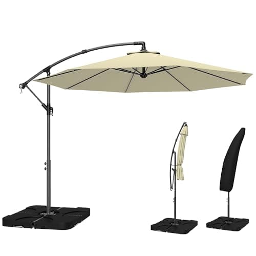 Image of Outsunny 3(m) Garden Banana Parasol Cantilever Umbrella with Crank Handle, Cross Base, Weights and Cover for Outdoor, Hanging Sun Shade, Sand