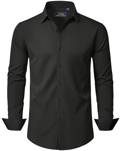 Image of J.VER Black Shirt Men Dress Long Sleeve Non Iron Slim Fit Stretch Business Casual Wedding Fashion Formal Shirt L