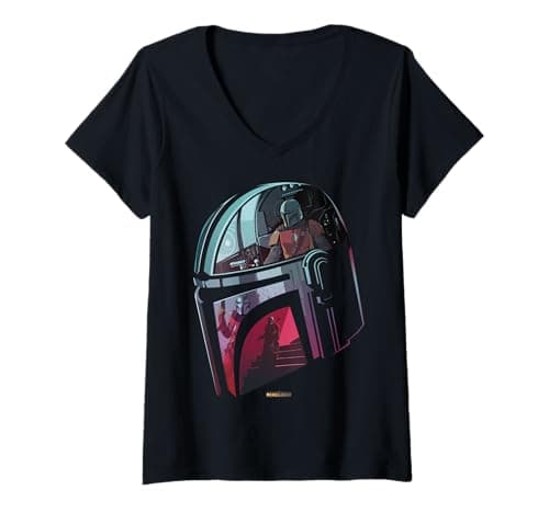 Image of Womens Star Wars The Mandalorian Helmet Scene Fill V-Neck T-Shirt
