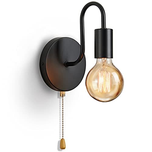 Image of Lightess Pull Cord Wall Lights E27 Black, Wall Light with Switch, Vintage Industrial Metal Wall Sconce for Living Room Bedrooms Bedside Hallway (Max40W, No Bulb)