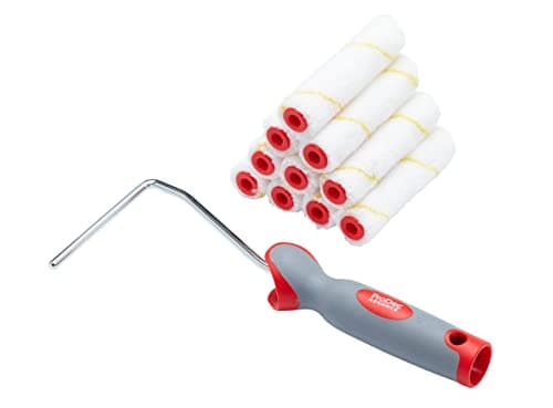 Image of ProDec Advance 11 Piece 4 inch Short Pile Microfibre Mini Paint Rollers & Frame for a Smooth Finish with Emulsion, Gloss, Satin, Varnish, Woodstain on Interior Walls, Ceilings, Wood, Metal, 4"