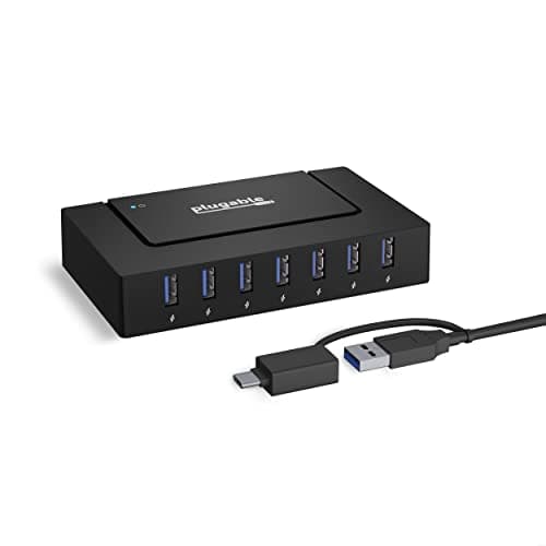 Image of Plugable 7-in-1 USB Powered Hub for Laptops with USB-C or USB 3.0 - Power Station for Multiple Devices and Data Transfer with a 60W Power Adapter, Driverless