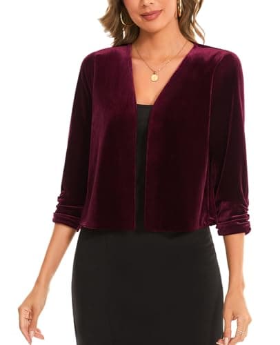 Image of MINTLIMIT Velvet Cardigan Burgundy Sweater with V Neck 3/4 Ruched Sleeves Weekend Outings Work Outerwear (Wine Red L)