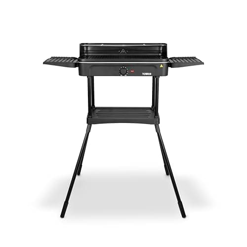Image of Tower Standing Outdoor/Indoor Electric BBQ Grill, Temperature Controls, Stainless Steel, Easy Clean, Non-Stick Plate, 2200W, Black, T14054