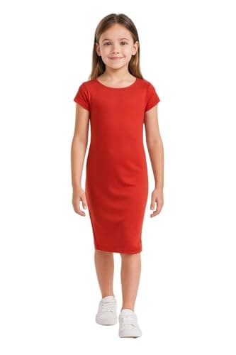 Image of A2Z 4 Kids Girls Dresses Plain Short Sleeves Cap Slim Fit Stretch Bodycon Midi Maxi Comfortable Summer Party Fashion Dress Top Age 5-13 Years Red