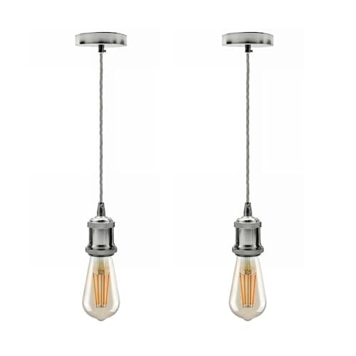 Image of E27 Pendant Light Fitting 2 Pack Chrome Ceiling Lamp Kit with 2m Twisted Cable Hanging Light, Vintage Industrial Pendant Lighting with Ceiling Rose