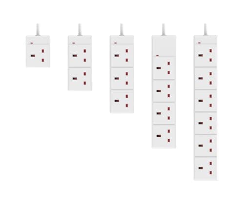 Image of 13A UK 3-Pin Extension Lead, Multi Socket Plug Extender Strip with Safety Shutter, White,1/2/3/4/6 Gang & Multiple Lengths, Compact for Home Office Travel (UKCA Certified) (1 Gang Way, 5m)