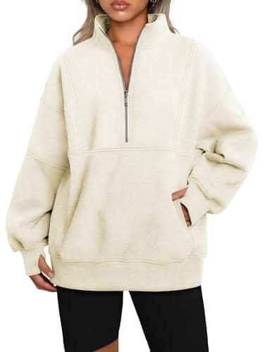 Image of Famulily Long Sleeve Sweatshirt for Women Half Zipper Pullover Jumpers High Neck Thick Zip Up Long Sleeve Tops Thumb Hole Beige XL