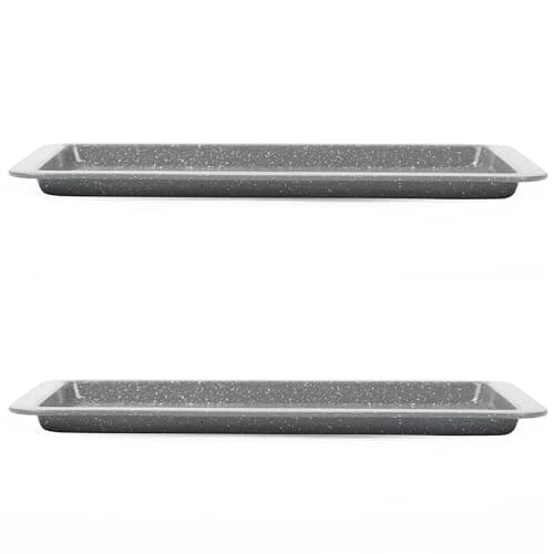 Image of Salter COMBO-9407 Marblestone 37cm Set of 2 Baking Trays– Non-Stick Oven Sheet, Lightweight Carbon Steel, Easy Wipe Clean, Rectangular Cookie Tray, Oven Safe to 220°C, PFOA Free, for Cooking, Baking,