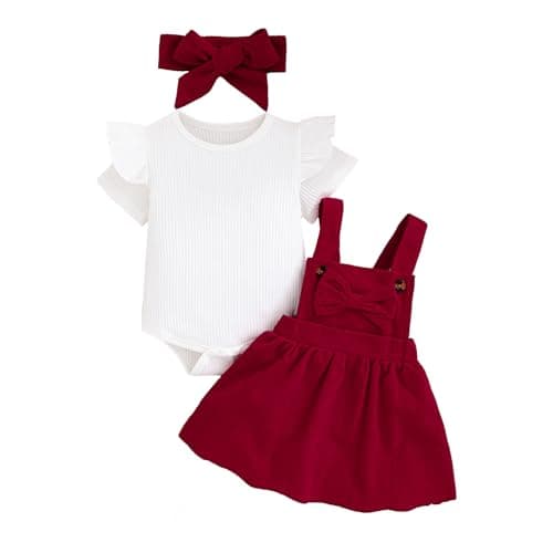 Image of QUNERY Newborn Girl Skirt Sets Short Sleeve Tops and Bowknot Suspender Skirt Summer Baby Girl Clothes Wine red 0-3 months